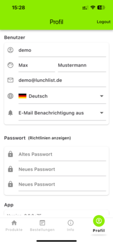 lunchlist ios android app profil daten passwort ändern