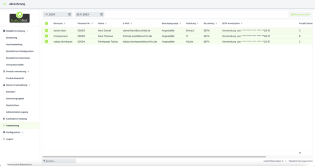 lunchlist web screenshot administration abrechnung