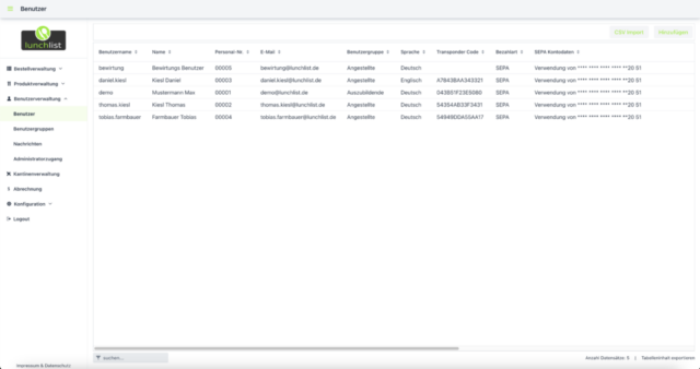 lunchlist web screenshot administration benutzerverwaltung