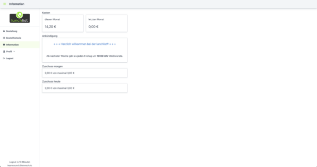 lunchlist web screenshot benutzer information ankündigungen